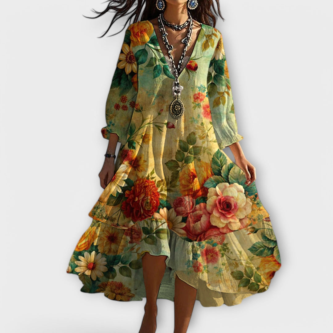Charlotte – Vintage boho-kjole med blomsterprint og V-udskæring