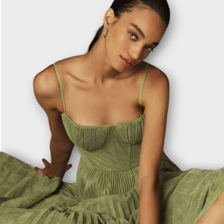 Midikjole med tylbustier og plisseringer