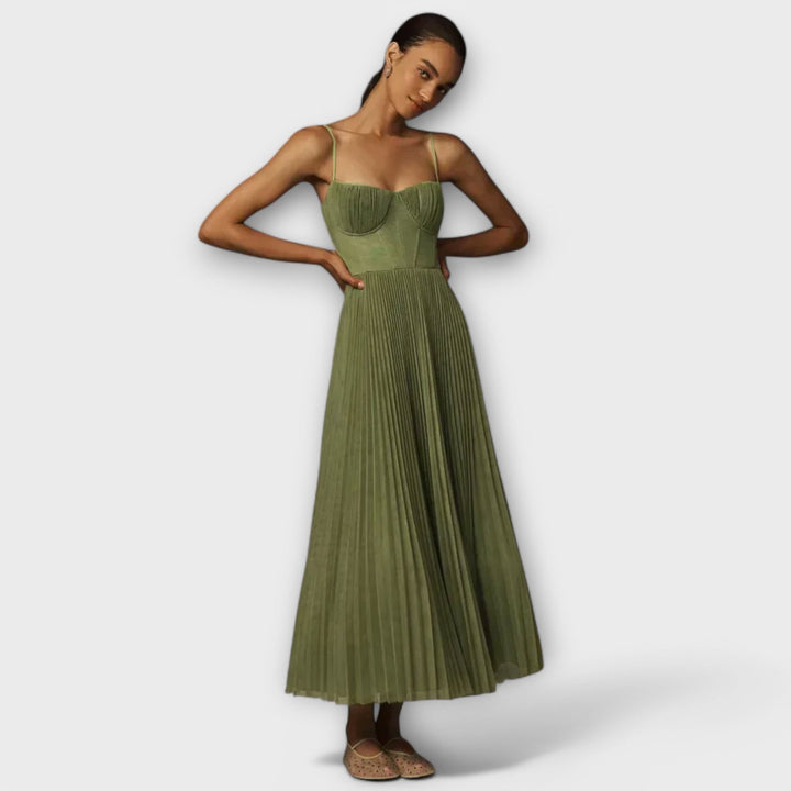 Midikjole med tylbustier og plisseringer